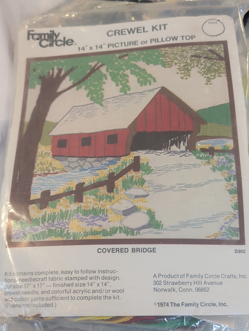 Net Family Circle Crewel Kit - Covered Bridge in Red and Green Vintage 1974